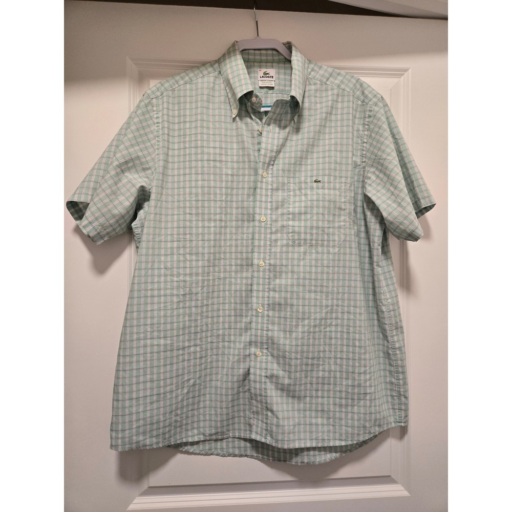 Lacoste Mens Green Plaid Short Sleeve Button Down Shirt Size 45 Cotton Pocket